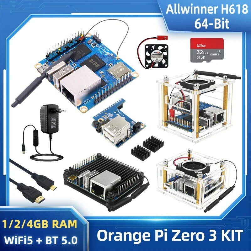 Orange Pi Zero 3 Allwinner H618 WiFi5 + BT 5,0, 1, 2, 4 GB de RAM, carcasa acrílica opcional, disipador de calor, fuente de alimentación para OPI Zero 3