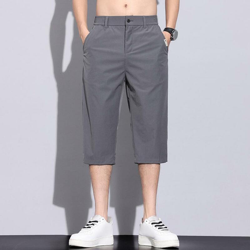 Men Shorts Men's Quick-drying Ice Silk Cropped Pants with Button Zipper Closure Side Pockets Solid Color Straight Thin for Wear