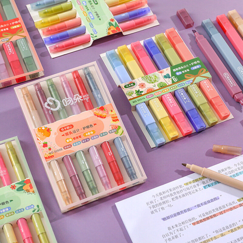 6 개/대 빈티지 컬러 향기로운 형광펜 펜 Kawaii Candy Color 만화 마커 파스텔 형광 펜 귀여운 편지지