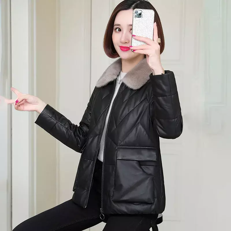 Tcyeek Genuine Leather Jacket Sheepskin Warm Puffer Jacket Women Clothes Black Mink Fur Collar Short Winter Coat Manteau Femme