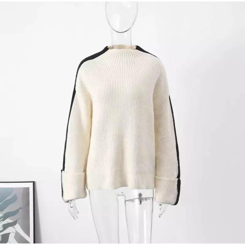 Contract Stripe Knitted Sweater Pullover Women Loose Long Sleeve Turtleneck Sweaters Female Autumn Winter Casual Thick Knitwear