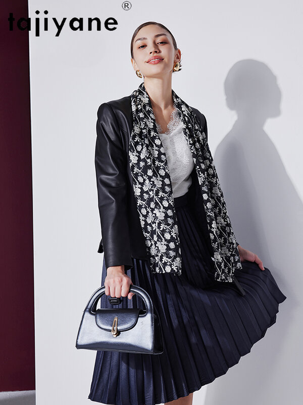 Tajiyane-jaqueta natural de couro de carneiro para mulheres, trench coat elegante, couro 100% genuíno, casacos curtos e finos, 2023