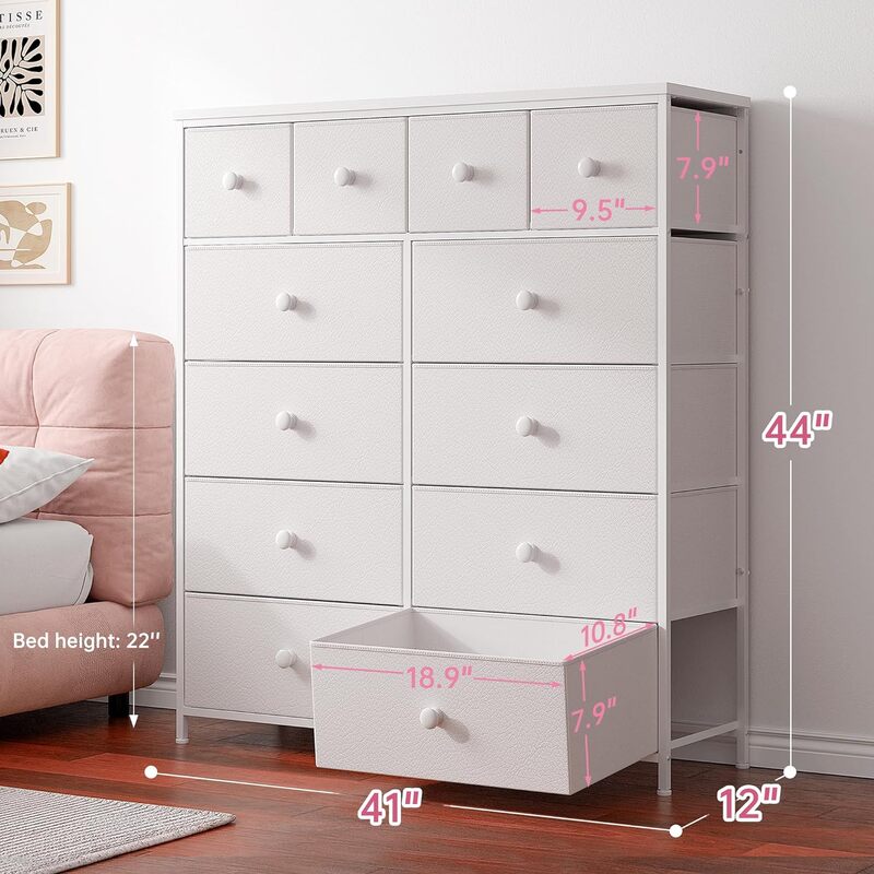 12-Drawer Dresser with Wooden Top and Metal Frame, Tall Chest of Drawers for Closet, Nursery, Girls Bedroom