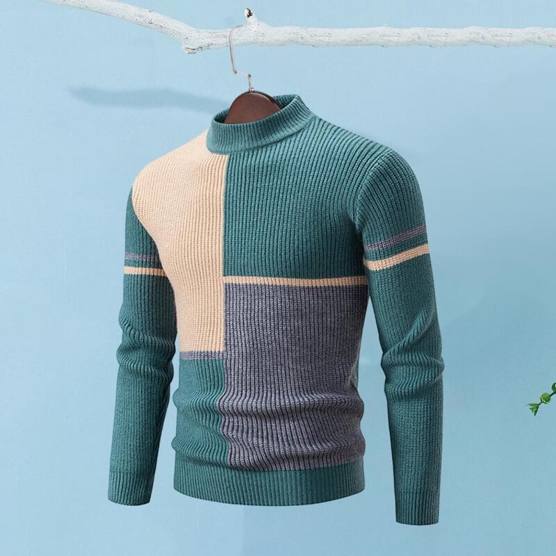 Rozciągliwy sweter męski z dzianiny z kolorowymi blokami i półwysokim kołnierzem Slim Fit ciepło na jesienną zimę