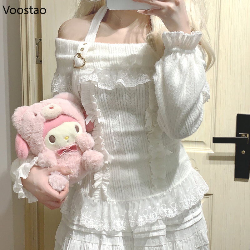 Słodkie styl Lolita dziergany sweter kobiet Harajuku z odkrytymi ramionami koronkowe falbany kokarda długie sweter z rękawem dziewczynek urocze bluzki z dzianiny