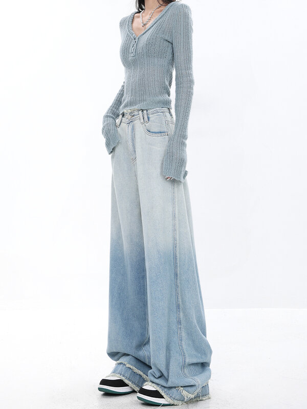 Women's Gradient Light Blue Summer Thin Jeans Street Style Vintage Casual Straight Trousers Chic Design Wide Leg Pants