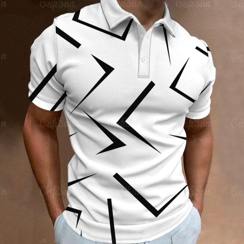 Kaos Polo pria, Fashion pria kemeja 3D garis tipis Atasan musim panas lengan pendek kemeja Polo pola warna-warni Tee kasual pria pakaian