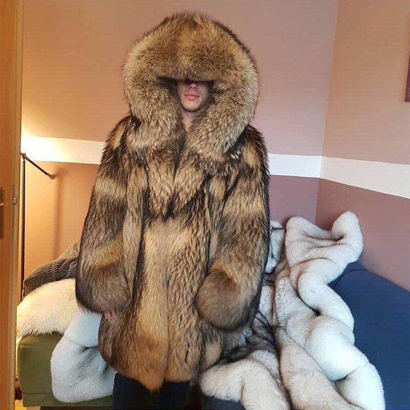 Manteau en fourrure de raton laveur pour homme, épais, long, surdimensionné, luxueux, hiver, 2022