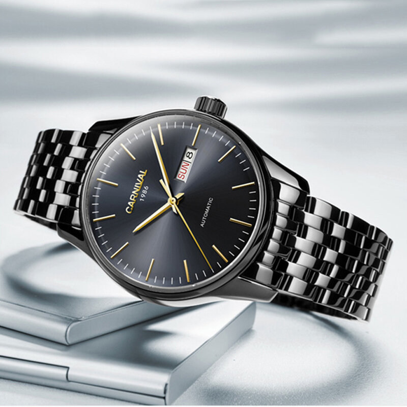 Jam tangan mekanis pria, arloji merek mewah baja hitam otomatis tahan air tanggal olahraga jam tangan emas reloj hombre