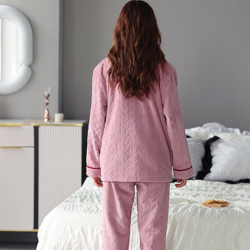 Newest M-4XL Winter Thick Warm Women Flannel Pajamas Set Long Sleeve Turn-down Collar Cardigan Coral Fleece Pyjama