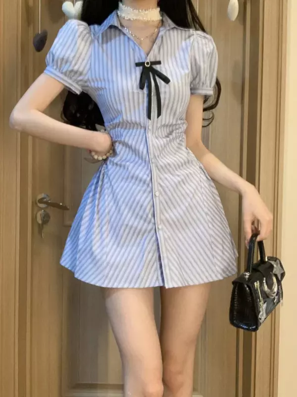 Mini Dresses Women Striped Preppy Style Fashion Slim Casual Ulzzang Girls Lapel Tender Single Breasted Hotsweet All-match Chic