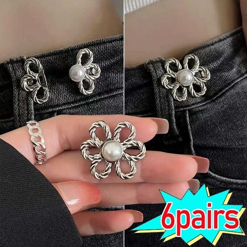 1-6Pairs Metal Hollowed Out Floral Flower Waist Buckle Fashion Simple Jeans Adjustable Waistline Button Simple Waist Clasp Girth