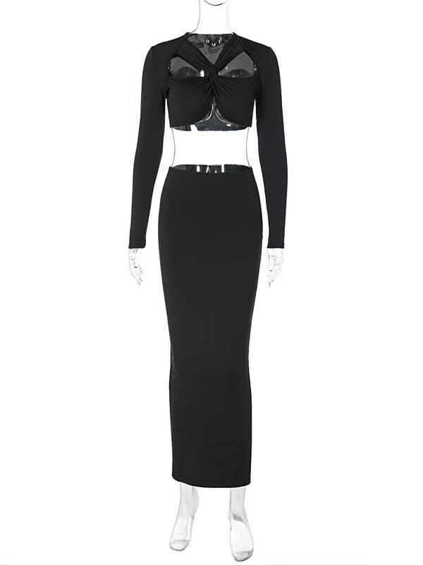 2 Piece Matching Sets Black Long Sleeve Hollow Out 2023 Winter Festival Party Tracksuit Sexy Slim Crop Top Maxi Skirt