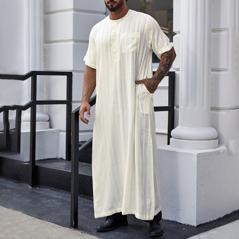 Genderless jubah Muslim uniseks, jubah Muslim gaya etnis Islam lengan pendek longgar warna Solid kancing tipis panjang setengah sederhana