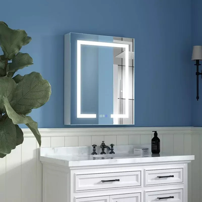ExBrite-botiquín de baño iluminado con LED, armario de medicina con espejo, 24x30 pulgadas, empotrado o de superficie, desempañado, Steple