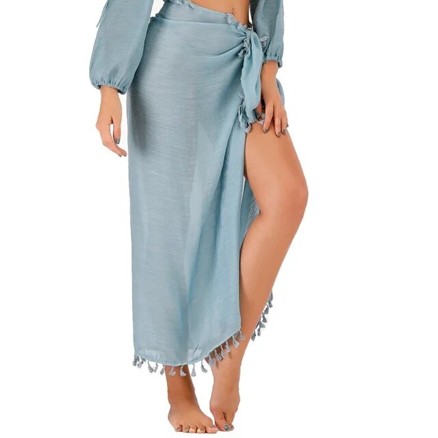 Beach Skirt Multi-purpose Beach Towel Seaside Holiday Sun Protection Tassel Shawl One-piece Apron and Skirt Blue