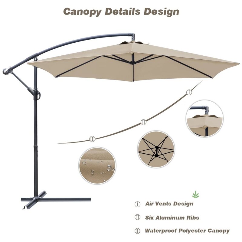 Parapluies en porte-à-faux décalés avec adjails inclinables, marché extérieur face, parapluie beige, 10 pieds