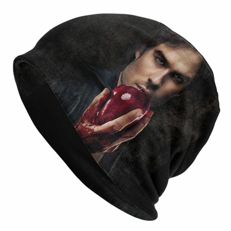 Damon Salvatore The Vampire Diaries หมวกลายกะโหลกหมวกสยองขวัญลำลองยูนิเซ็กส์หมวกกลางแจ้งอบอุ่นใช้ได้สองแบบ Topi Bonnet