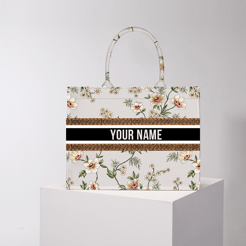 Bolso de mano con estampado artístico para mujer, bolsa de tela de lino con nombre personalizado personalizable, nuevo diseño, 2024