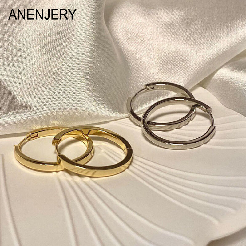 ANENJERY Metal Glossy Round Hoop Earrings for Women French Design Geometric Ear Buckle Huggies Trendy Jewelry pendientes mujer