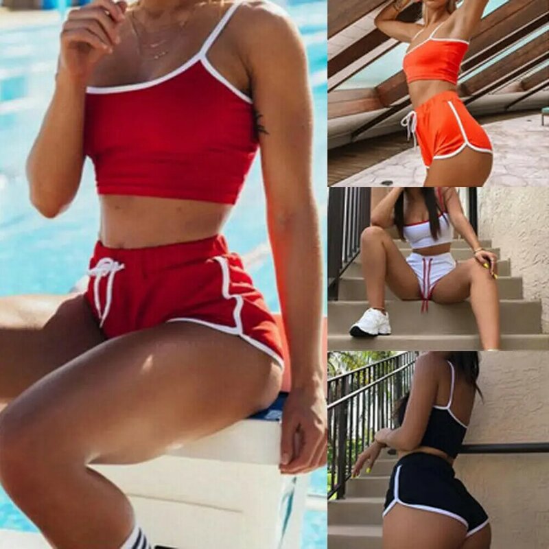 Traje de 2 piezas de Color sólido para mujer, Top corto y pantalones cortos, traje transpirable ajustado para Yoga deportivo, novedad de verano