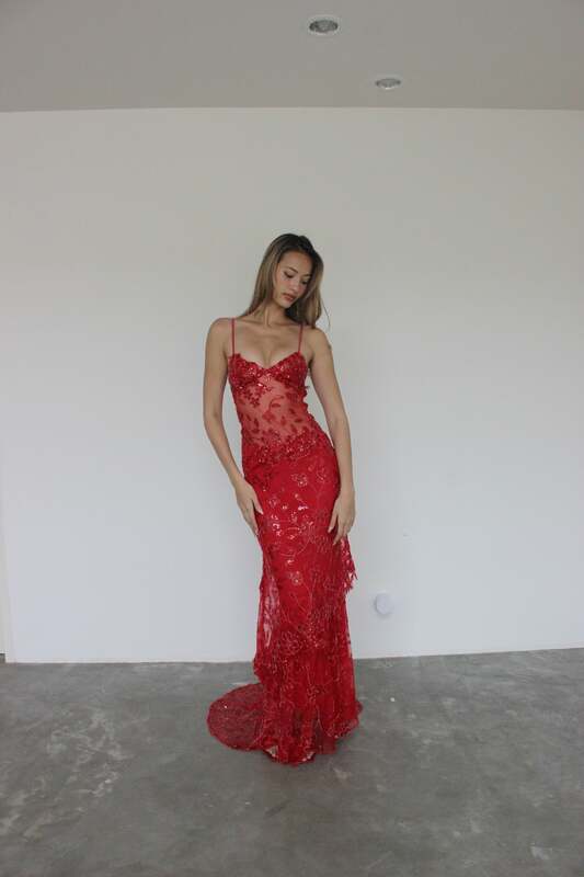 14814 # IENA seksi merah baru Floral payet fotografi gaun pemotretan alat peraga renda punggung ilusi gaun pesta Prom ukuran Plus