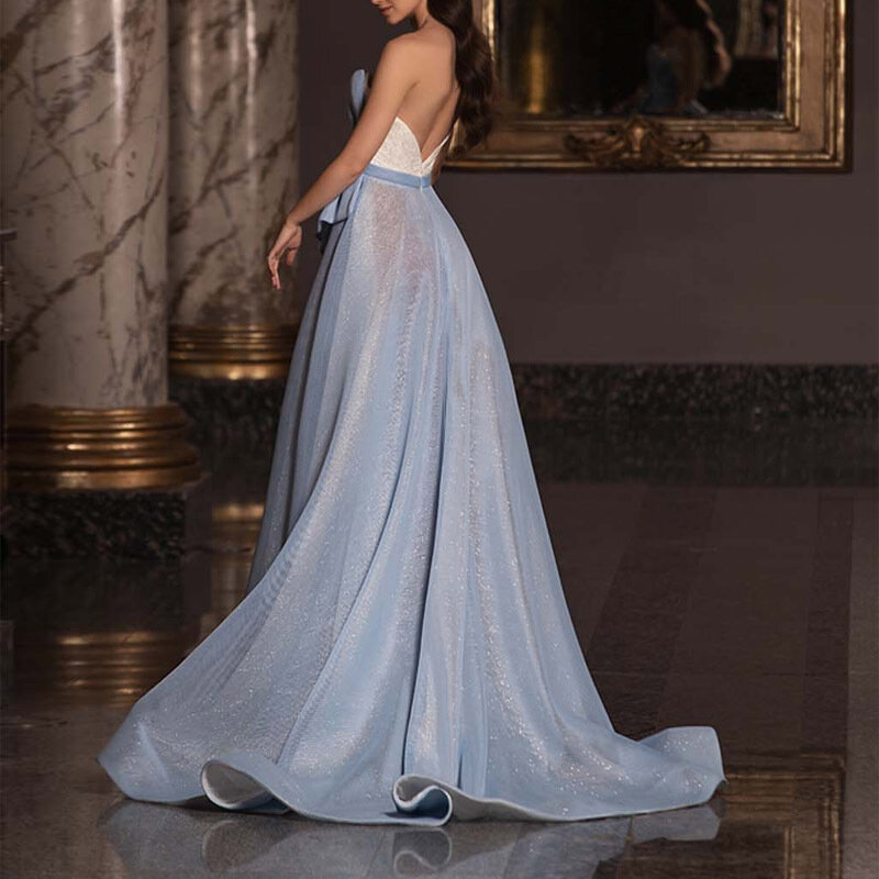 Gaun malam wanita, Slim Fit panjang biru mewah kelas atas pernikahan pengiring pengantin Host perjamuan dada Off bahu Split