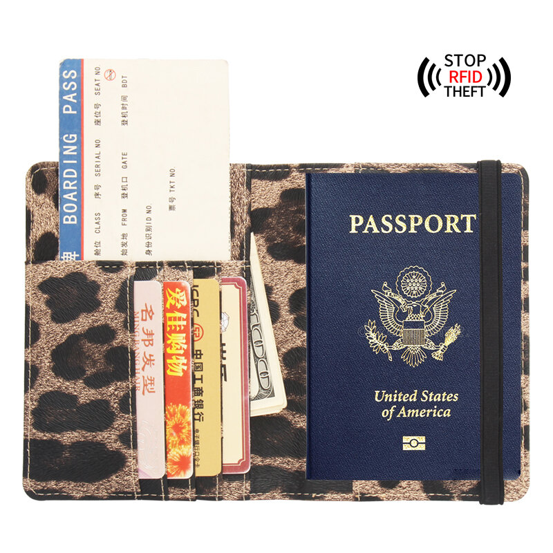Capa de passaporte complexa de leopardo, capa marrom com bandagem à prova d'água com bloqueio rfid para proteção de informações pessoais