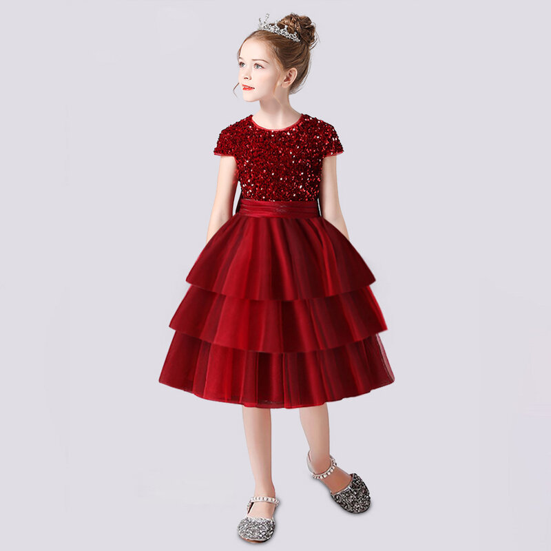 Dideyttawl sparkly curto vestido da menina de flor para o aniversário em camadas babados lantejoulas tornozelo-comprimento vestido de festa princesa