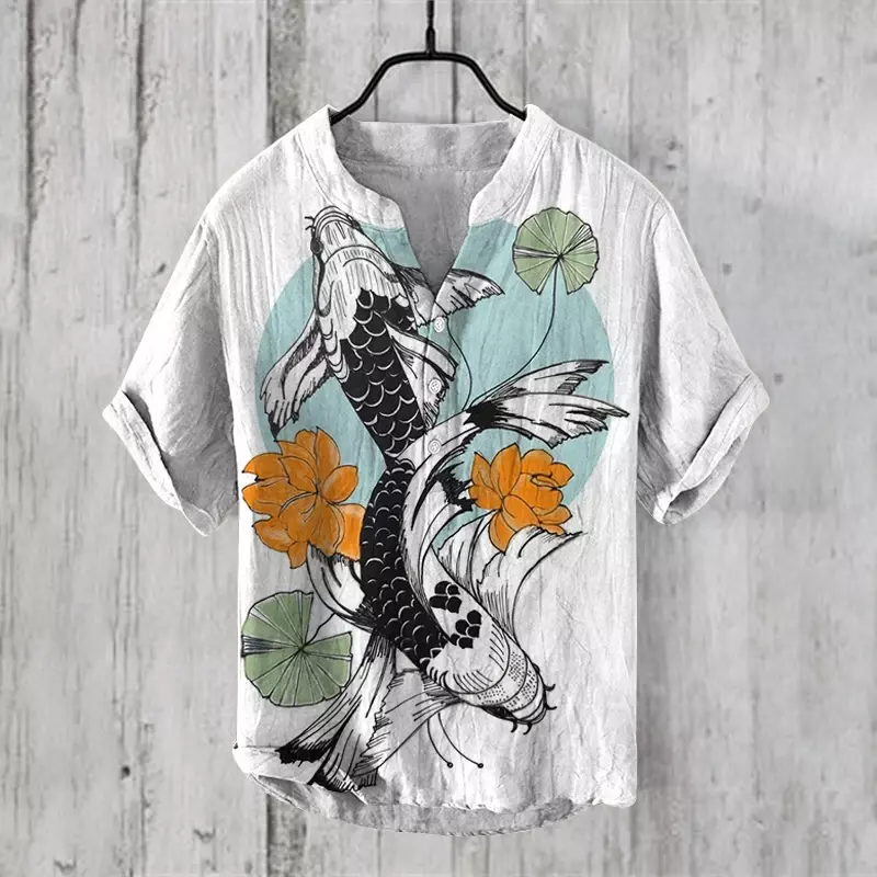 New 2024 Japanese-style 3D Print Vintage Henley Shirts Men's Fashion Short Sleeve T Shirt Tees Tops Clothing