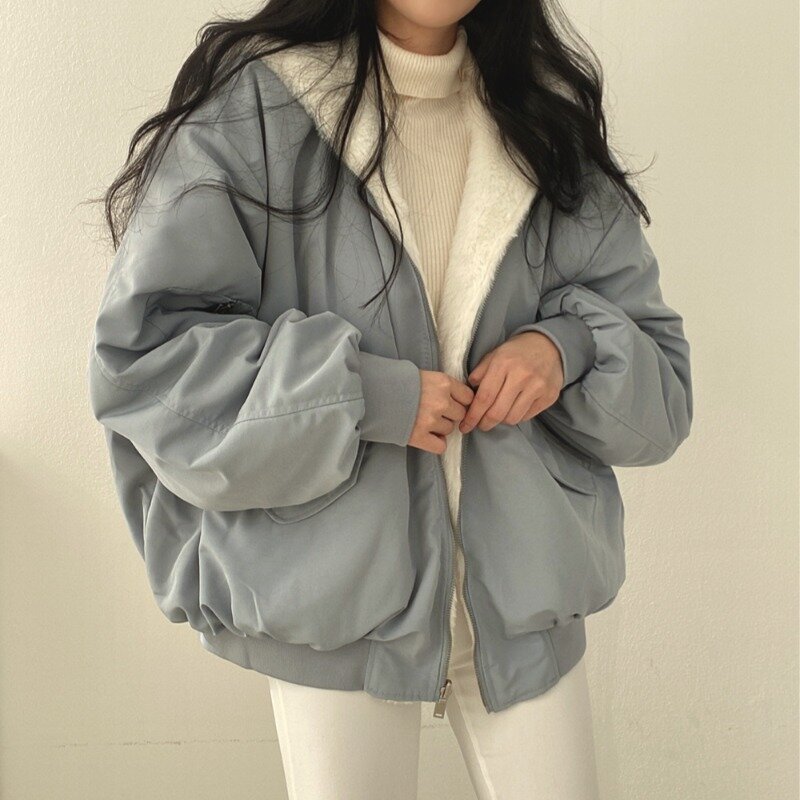 Jaqueta de caxemira pura feminina, jaqueta de algodão de lã de cordeiro reversível com capuz, nova, outono e inverno
