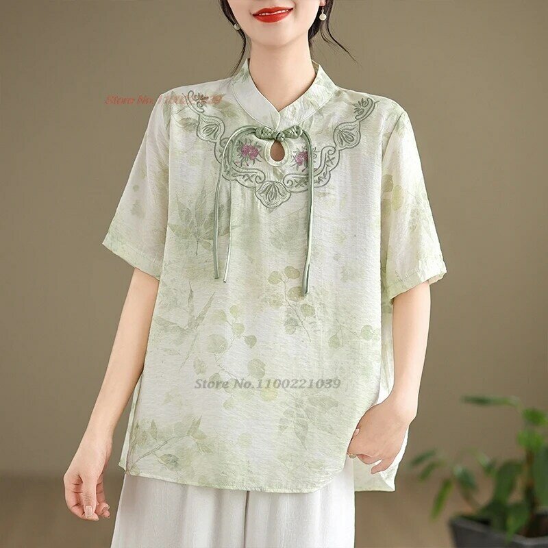 Blusa tradicional chinesa do vintage, bordado nacional do estampa da flor, Qipao melhorado, streetwear oriental, popular, 2024