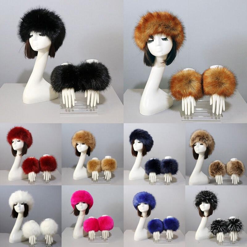 Autunno inverno moda calore cappelli polsini Set maniche in pelliccia di volpe Beanie Suit imitazione cappello di pelliccia di volpe donna