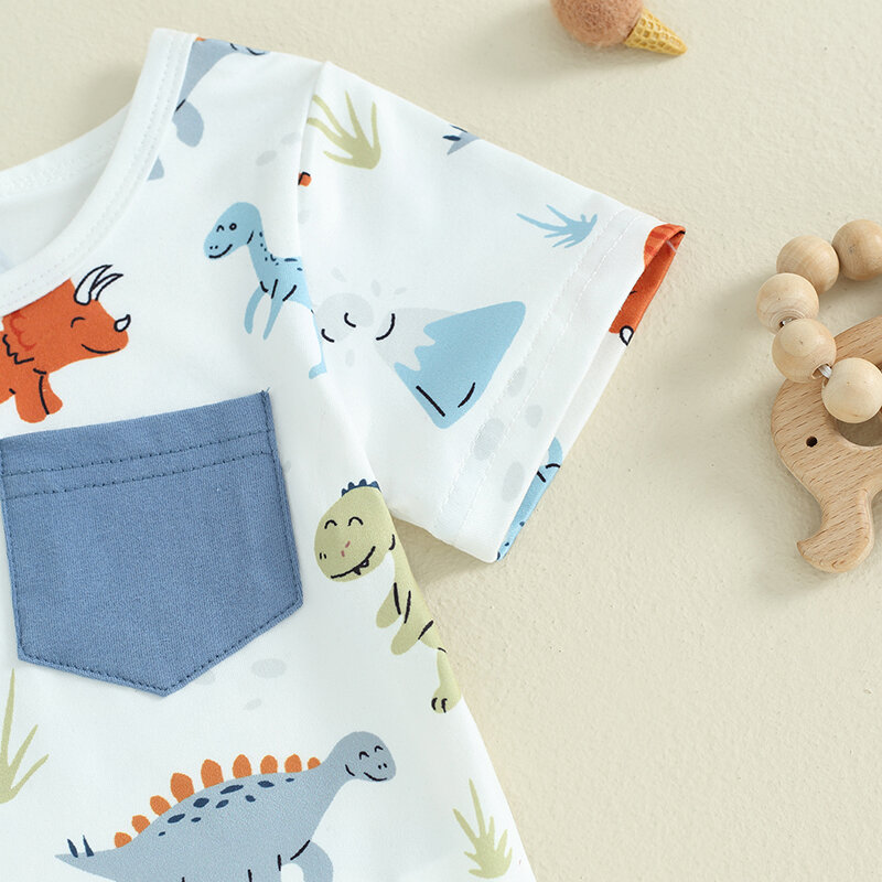 VISgogo Baby Boy 2-częściowy strój z okrągłym dekoltem i krótkim rękawem z nadrukiem dinozaura + spodenki z elastyczną talią Letni zestaw dla niemowląt i małych dzieci