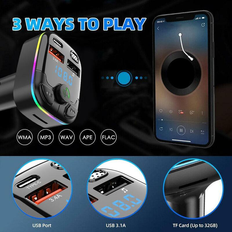 차량용 블루투스 5.0 FM 송신기 PD C타입 듀얼 USB 핸즈프리 MP3 변조기, 다채로운 3.1A 충전기 플레이어, 앰비언트 고속 조명 U3V0