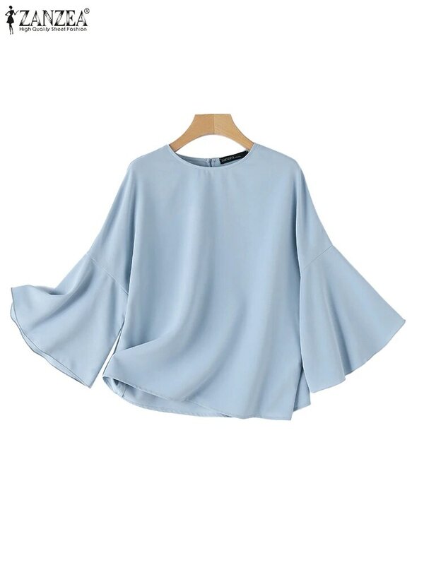 ZANZEA-Blusa feminina de manga flare, camisa de cor sólida, tops com gola redonda, túnica casual, moda coreana, camisas swing, outono, 2023