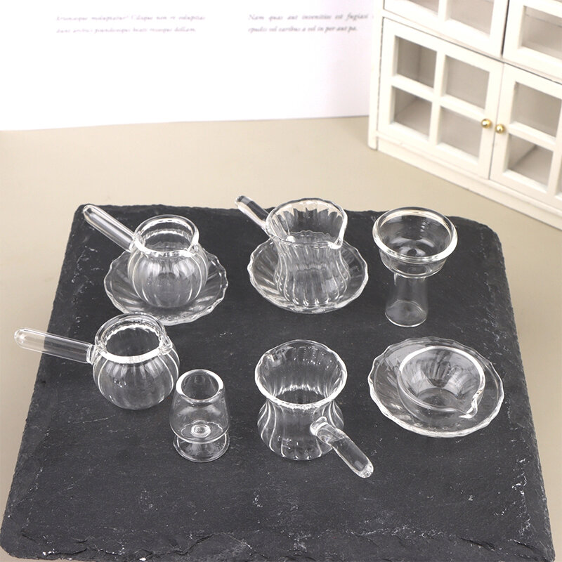 Dollhouse Miniature Juice Cup Tea Set Wine Glass Glass Cup Handle Dessert Tray Tableware Doll House Decor Toy