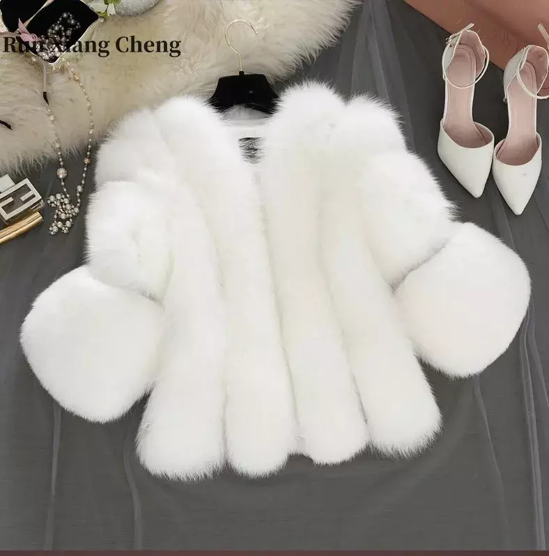 เสื้อโค้ทขนจิ้งจอกเทียมผ่าหน้าสำหรับผู้หญิงเสื้อแขนยาวสตรีสั้นผ่าข้างใส่สบายอเนกประสงค์ใหม่ฤดูหนาว Runxiangcheng2023 gratis ongkir