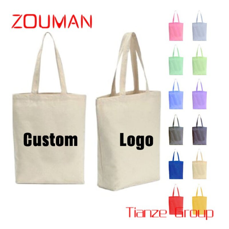 Reutilizáveis sacolas de lona com logotipo impresso personalizado, personalizado, em branco, planície, promocional, algodão, compras
