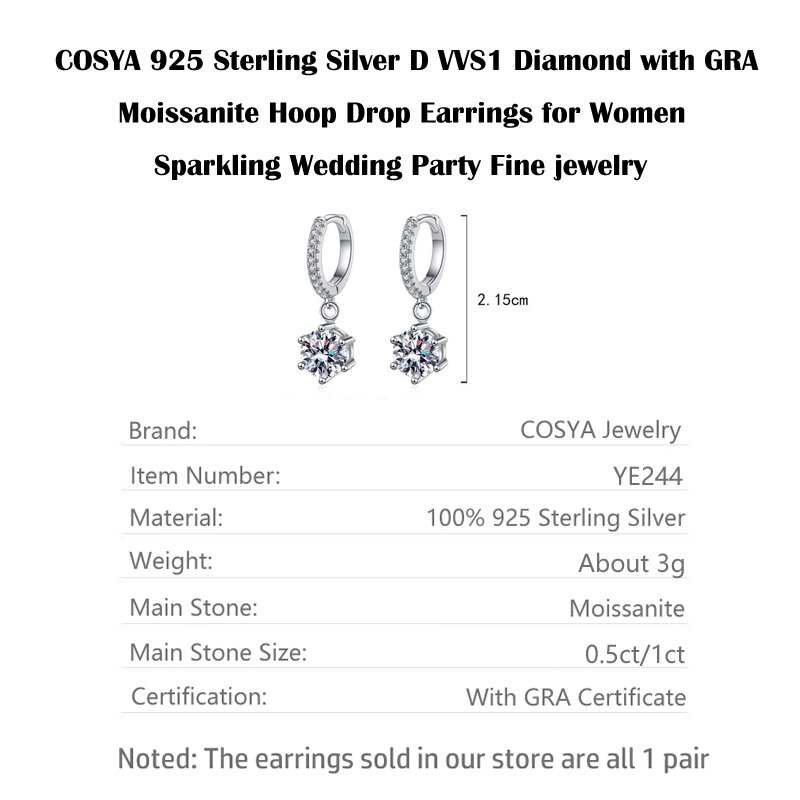 COSYA 925 srebro D Moissanite diament Hoop spadek kolczyki z GRA VVS1 dla kobiet musujące wesele biżuterii