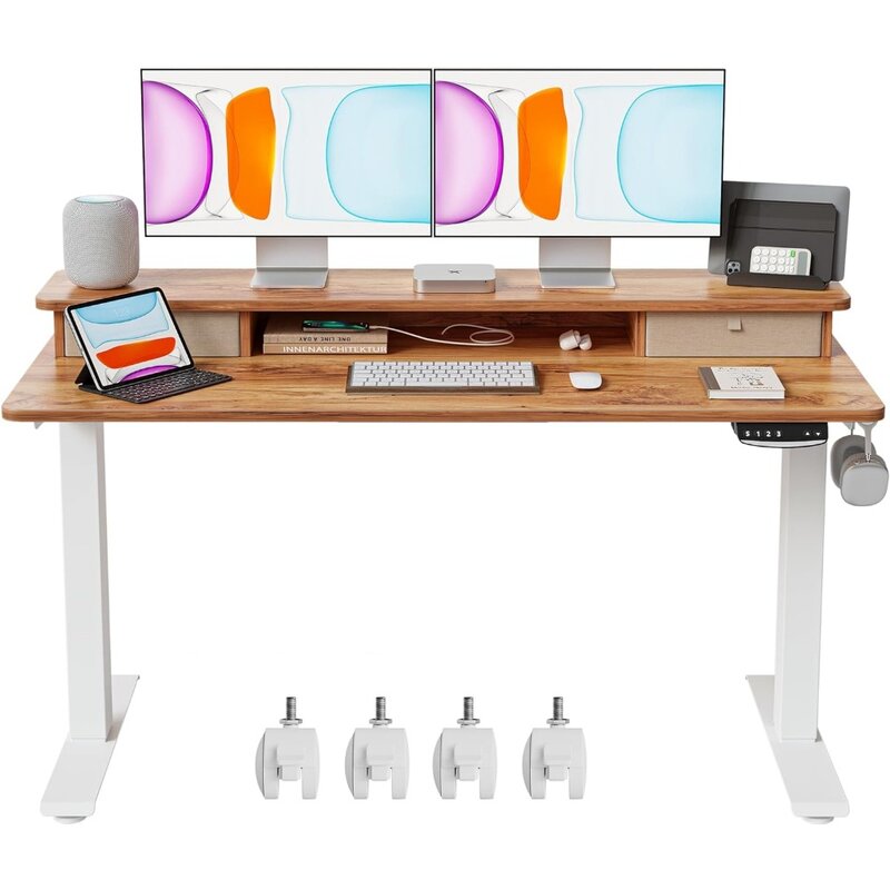55x24 Inch Electric Vertical Office Desk with Dual Drawers, Adjustable Height Office Desk, Storage Rack, Light Brown Desktop