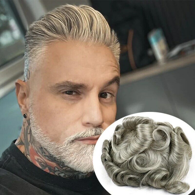 2024 baru Gery campuran warna rambut manusia pria Toupees Platinum Europen penuh PU potongan Super tahan lama sistem kulit tipis V Loop Microskin