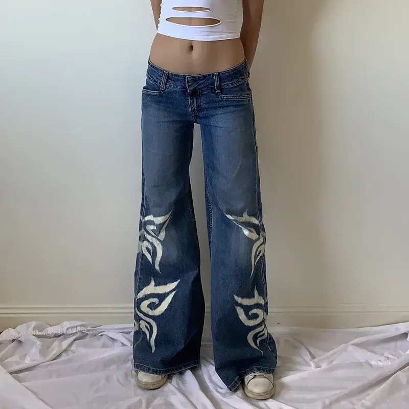 Женские прямые джинсы с принтом бабочки, широкие брюки с заниженной талией в старинном стиле, Осень-зима 2024