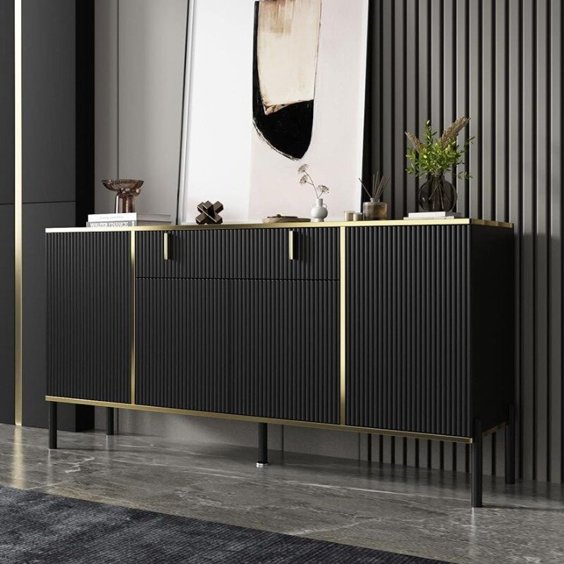 FAMAPY Modern Credenza Sideboard Buffet with Drawer & Pop-Up Doors, Buffet Sideboard Storage Cabinet with Black Metal Legs