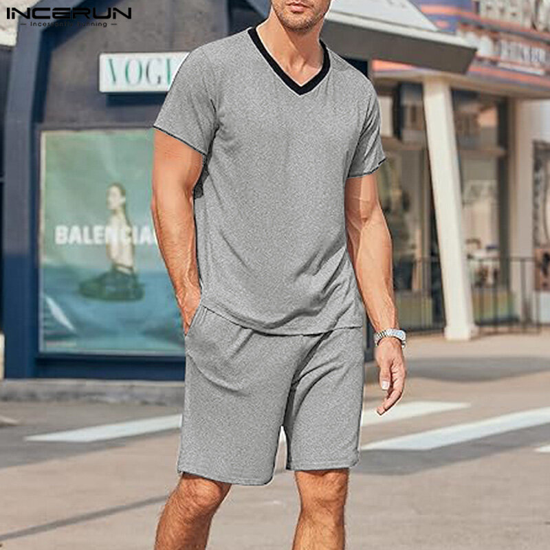 INCERUN 2024 set di stile americano moda uomo t-shirt a maniche corte pantaloncini Casual scollo a v allentato comodi set di due pezzi S-5XL