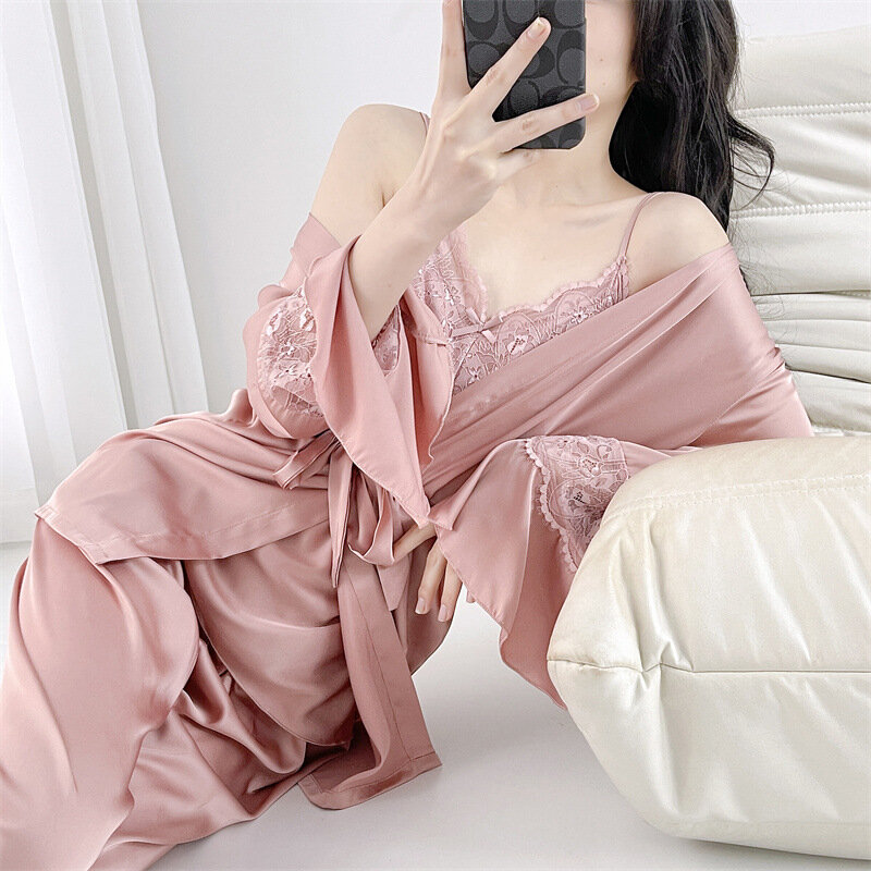 Print 3PCS Pajamas Set For Women Spring Autumn Sexy Lace Sleepwear Kimono Bathrobe Gown Casual Satin Trouser Suit Homewear