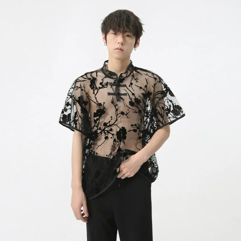 NOYMEI 2024 wiosna nowy chiński styl guzik węzeł przezroczysta koszula z krótkim rękawem siateczkowa koszula męska czarny seksowny top WA4415