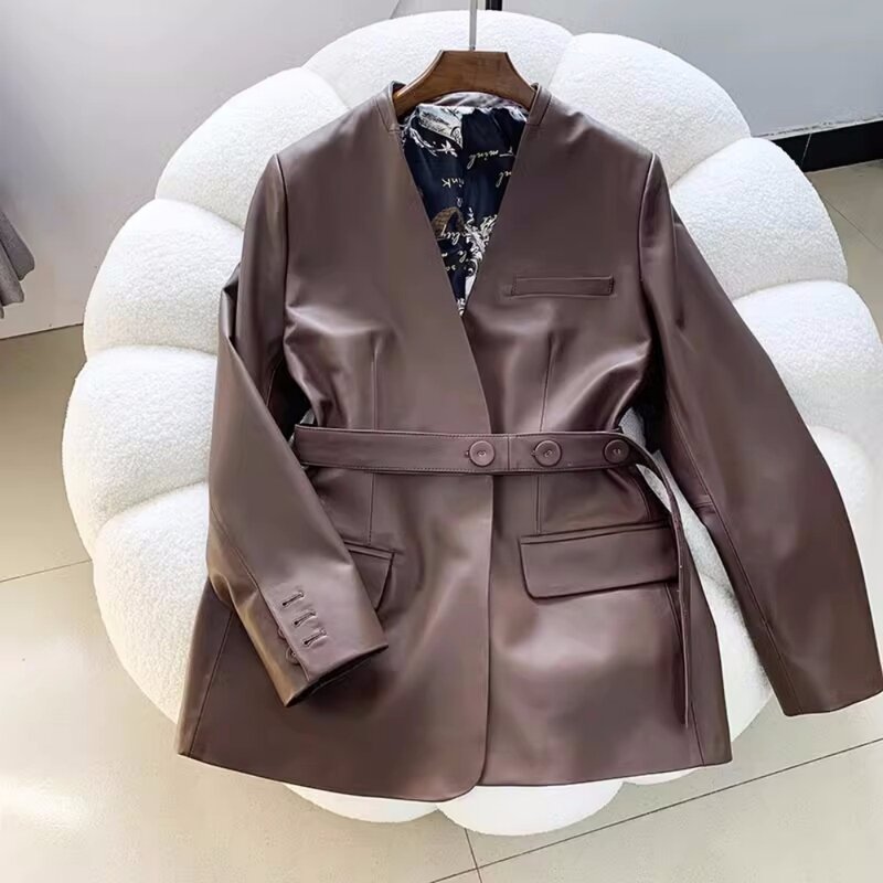 Europe 2023 Autumn Chic Women Elegant V-neck Leather Jackets High Quality Genuine-leather Belt Coat C435