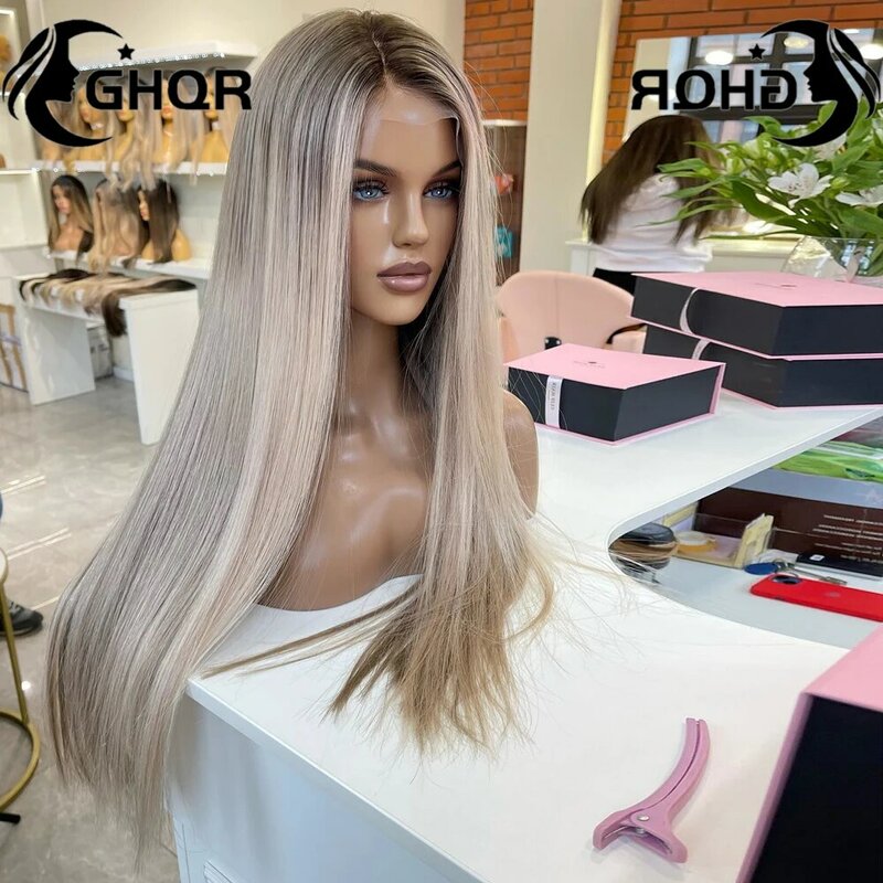 Peluca de cabello humano liso con encaje Frontal transparente para mujer, cabellera de encaje completo, color gris ceniza y Rubio, HD, envío gratis