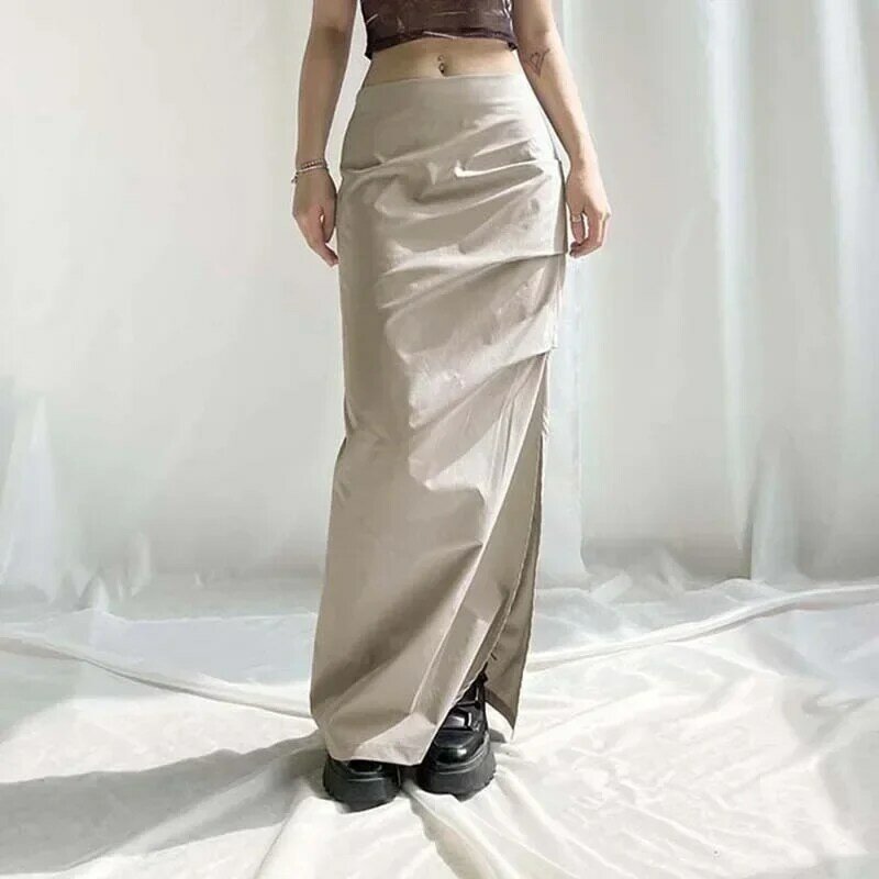 Женская Повседневная Длинная юбка Y2k, белая юбка-карго с оборками спереди и заниженной талией, свободная уличная одежда с карманами в стиле преппи